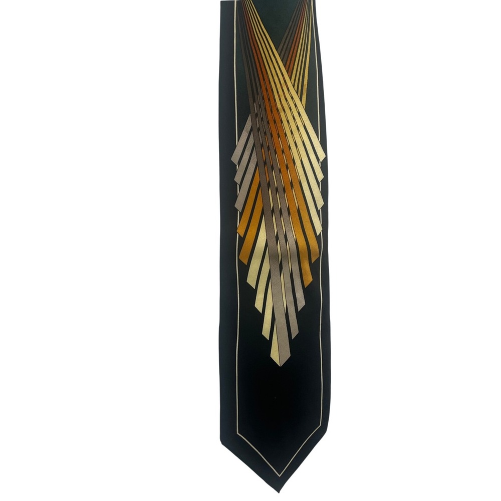 Necktie Vtg Art Deco Roaring Dance MCM Swing Silk Chevron Black Gold Tie Verona